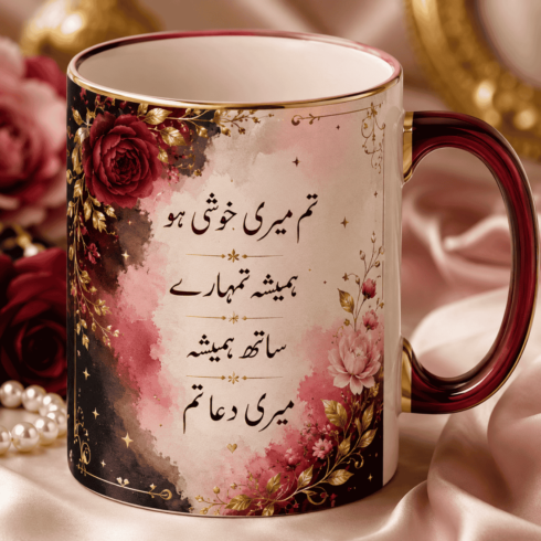 Noor-e-Ishq, Rang-e-Mohabbat Luxury Urdu Couple Mug Pair | Romantic Calligraphy Design cover image.
