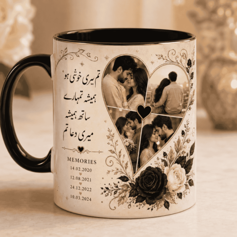 Personalized Elegant Anniversary Couple Photo Mug Pair with Heart Collage cover image.