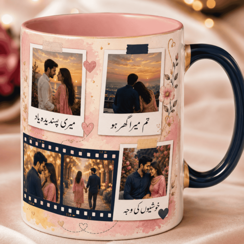 Pastel Romantic Personalized Couple Photo Mug Pair with Collage cover image.