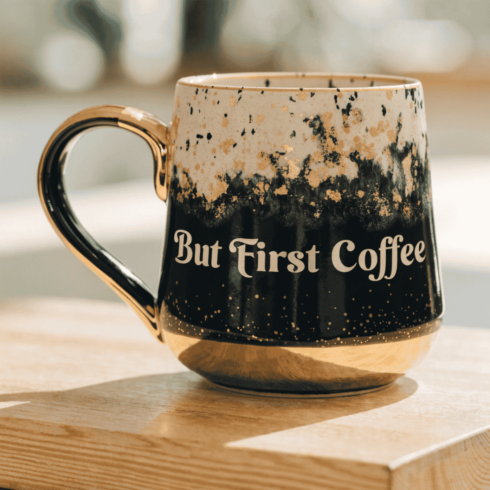 Elegant Kitchen Beige Black Gold Coffee Lover Mug Pair cover image.
