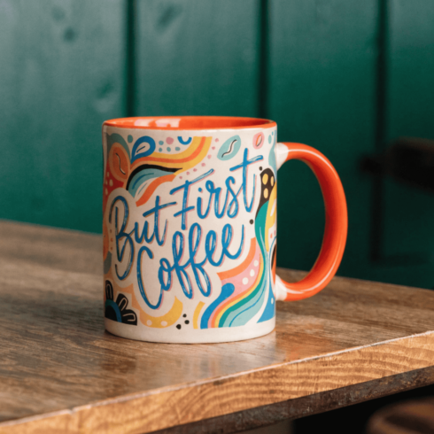 Color Pop Coffee Mug Mockup Pair –“But First Coffee” Quote in Fun Multicolor Styles cover image.