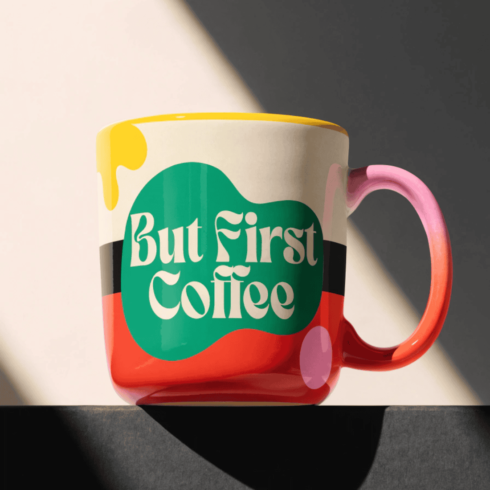 Trendy Multicolor Mug Mockup Pair with Colored Handle & Inner – “But First Coffee” Design cover image.
