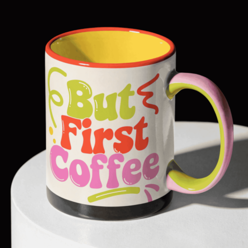 Cute Colorful Mug Mockup with “But First Coffee” Typography – PSD Template Set cover image.
