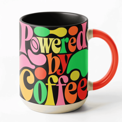Trendy Colorful Powered By Coffee Mug Mockup Pair| Multicolor Handle & Base cover image.