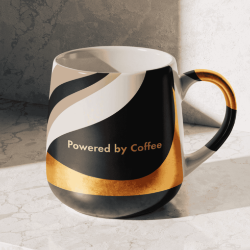 Powered By Coffee Mug Mockup Set | Cream, Black, Beige & Gold Pair Design cover image.