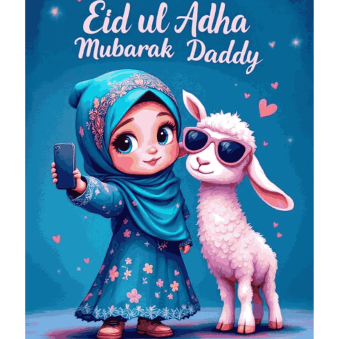 Eid ul Adha Mubarak Daddy Greeting Card | Cute Muslim Girl & Lamb Selfie Illustration | Islamic Holiday Digital Download cover image.