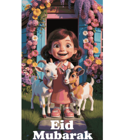 Eid Mubarak Kids Illustration | Girl with Goats Floral Cottage Art | Islamic Holiday Digital Download cover image.