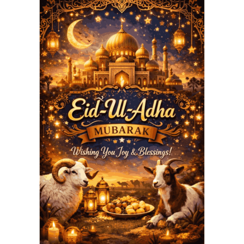 Eid-ul-Adha Mubarak - Golden Mosque Greeting Card Design cover image.