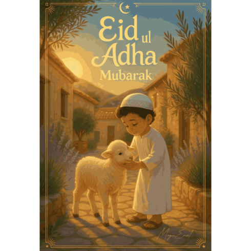 Eid ul Adha Mubarak Illustration – Boy with Lamb Islamic Greeting Card cover image.