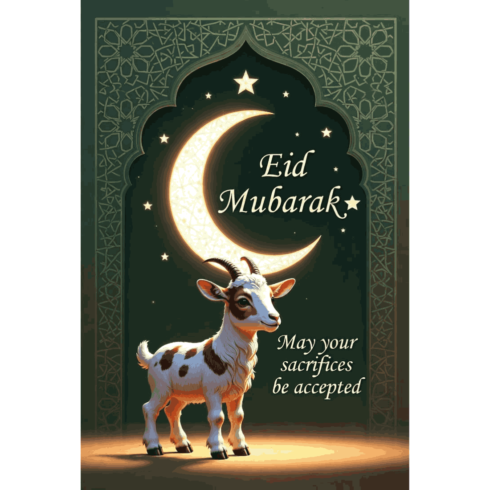 Eid Mubarak Goat Illustration – Islamic Crescent Moon Greeting Card cover image.