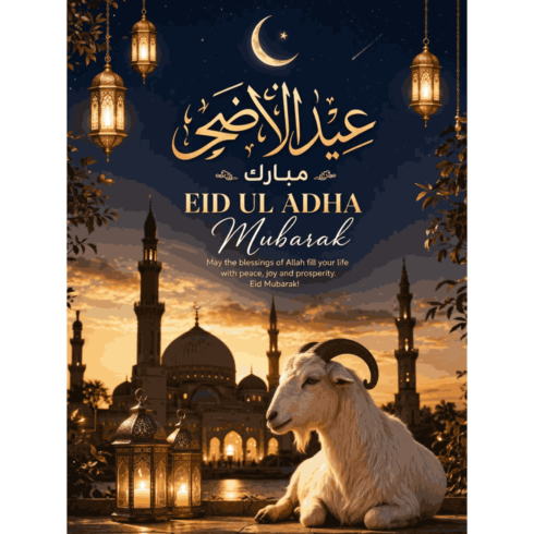 Eid Ul Adha Mubarak Greeting Card | Golden Mosque, Lantern & Goat Qurbani Art | Islamic Holiday Digital Poster cover image.