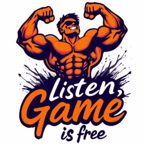 Listen Game Is Free | Muscular Bodybuilder Mascot | Gym Motivation Cartoon T-Shirt Design cover image.