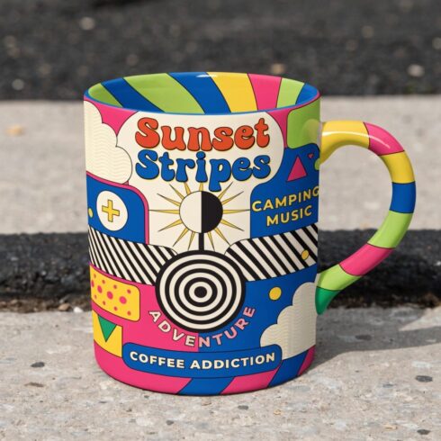 “Multicolor Chai Trails & Music Trails (Retro Edition)Sunset Stripes & Wild Vibes Mug Mockup pair ” cover image.