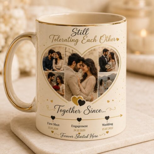 Personalized Custom Anniversary Couple Timeline Mug Pair cover image.