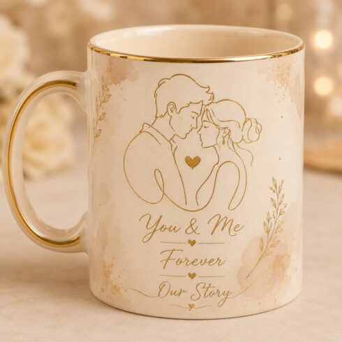 Ivory Beige Romantic Minimal Typography Anniversary Line Art Couple Mug Pair cover image.
