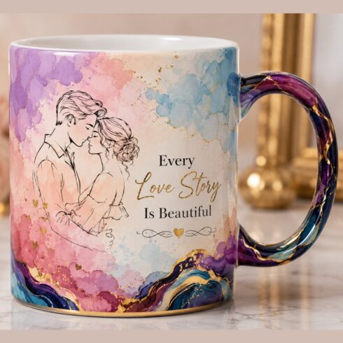 Elegant Pastel Romantic Watercolor Couple Mug Pair with Multicolor Handle cover image.