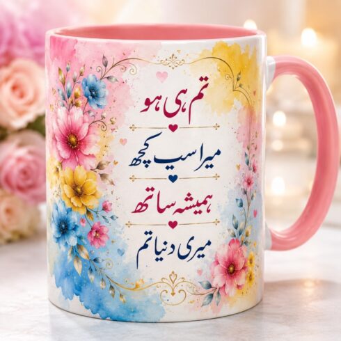 āColorful Love Mug Pair ā Urdu Calligraphy in Pink, Blue & Yellow Floralsā cover image.