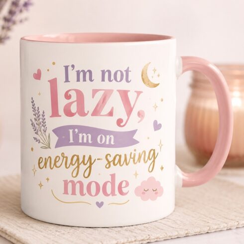 Soft Tones Elegant Pastel “I’m Not Lazy”“Energy-Saving Mode”Coffee Mug Mockup Pair cover image.