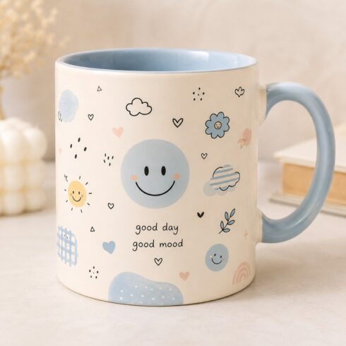 Blue Skies & Peach Dreams, Tiny Doodles & Happy Faces – Elegant Mug Pair cover image.