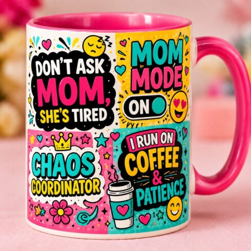 “Colorful Retro Bright & Bold Mom Mug Duo – Funky Typography Collection” cover image.