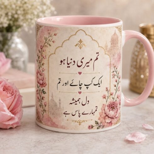 Elegant Pastel Mughal Art Urdu Calligraphy Romance & Chai Vibes Mug Duo cover image.