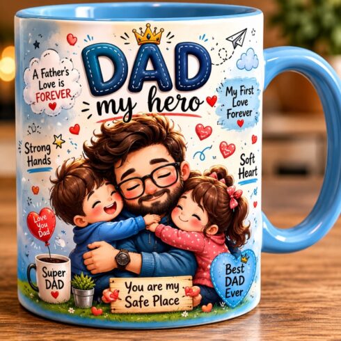 Tiny Hugs for Super Dad, Cute Chibi Family Moments Mug Mockup Pair cover image.