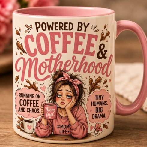 Modern Funny Powered by Coffee & Motherhood Typography Mug Mockup Pair cover image.