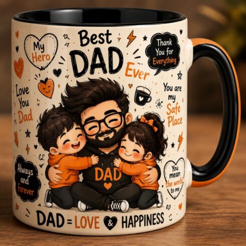 Adorable Full Wrap Chibi Best Dad Ever Cartoon Family Mug Duo cover image.