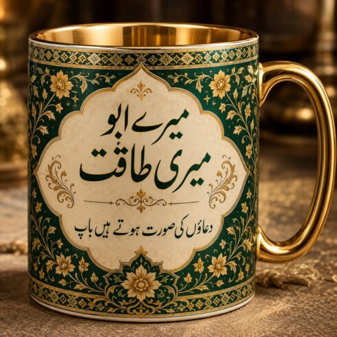 Elegant Royal Islamic Heritage Style Urdu Calligraphy Mug Mockup Duo cover image.