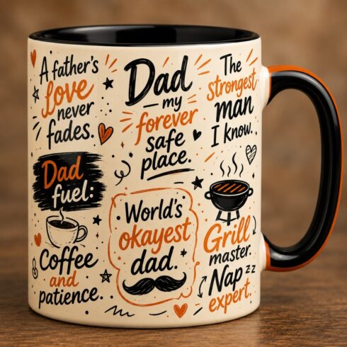 Full Wrap Adorable Father’s Love & Cartoon Family Black Orange Mug Duo cover image.
