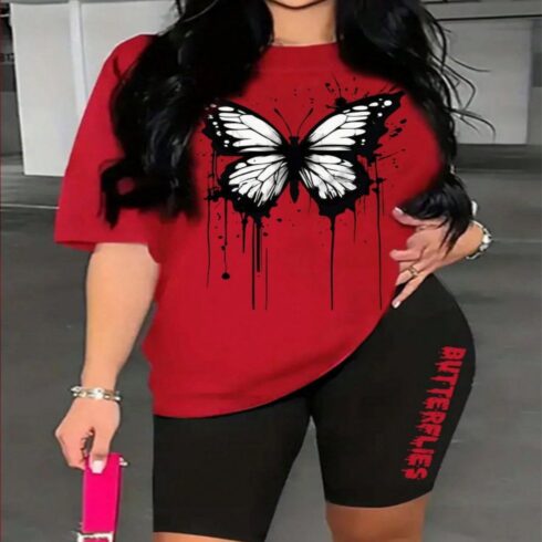 Butterfly Drip Co-ord Set – Red Tee + Black Biker Shorts cover image.