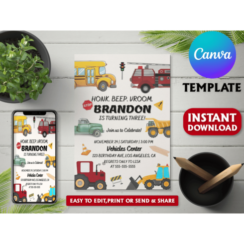 Editable Transportation Birthday Invitation, Truck Birthday Invitation Template, Cars Birthday Invite, Truck and Cars Birthday, Instant cover image.