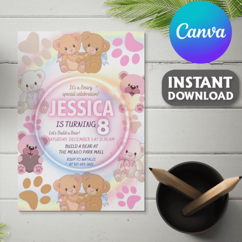 Bear Kids Birthday Invitation Template Editable Canva, Fun Birthday Invite, Rainbow, Stars Party Invitation, Printable Instant Download cover image.