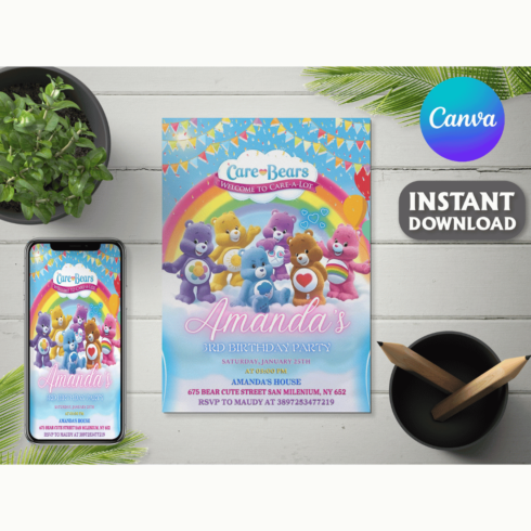 CareBear Kids Birthday Invitation Template Editable Canva, Fun Birthday Invite, Rainbow, Stars Party Invitation, Printable Instant Download cover image.