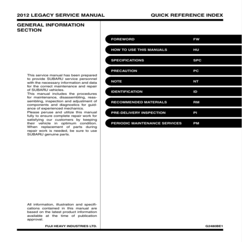 2012 Subaru Legacy & Outback Repair, Service & Maintenance Guide cover image.