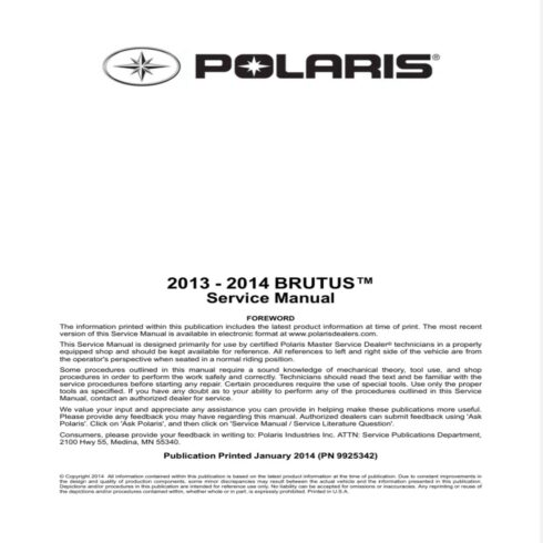 2013–2014 Polaris Brutus Factory Service Repair Manual cover image.