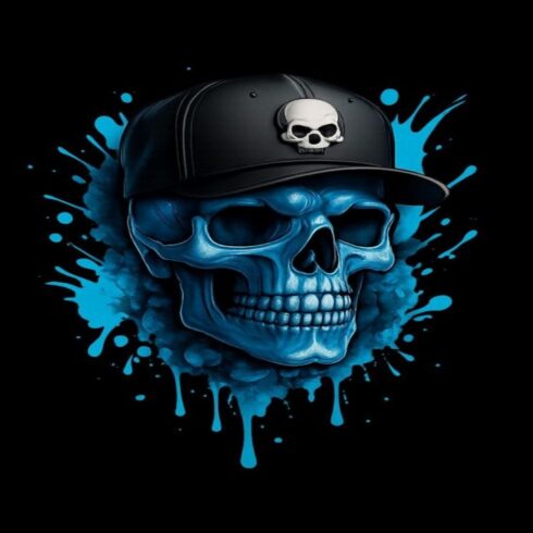 Blue Skull Cap Streetwear Graphic Tee - Skull Paint Splatter T-Shirt cover image.