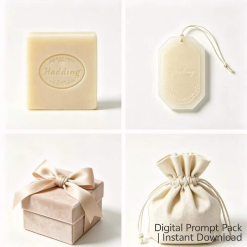 4-in-1 Wedding Favor Midjourney Prompt Bundle | Soap Wax Sachet Favor Box Gift Set Prompts cover image.