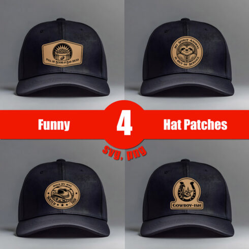 Funny Hat Patch SVG Bundle - 4 Laser-Ready Leather Patch Designs for Caps & Apparel cover image.