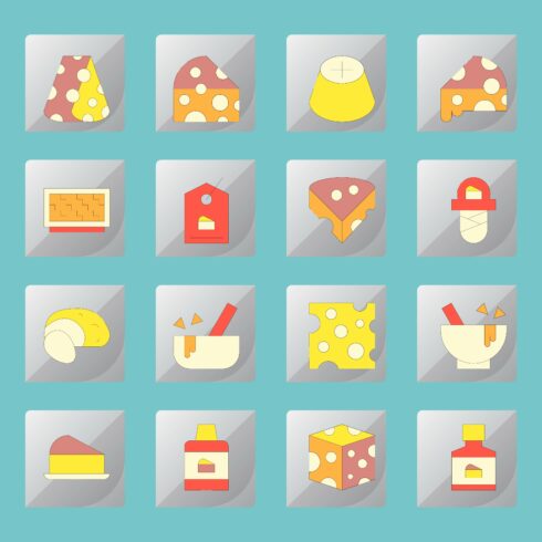 Cheese & Dairy Food Flat Icons Bundle – 16 Vector Icons cover image.