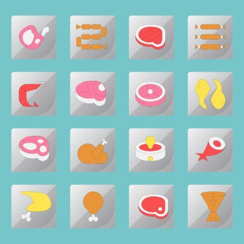 Meat & Protein Food Flat Icons Bundle – 16 Vector Icons cover image.