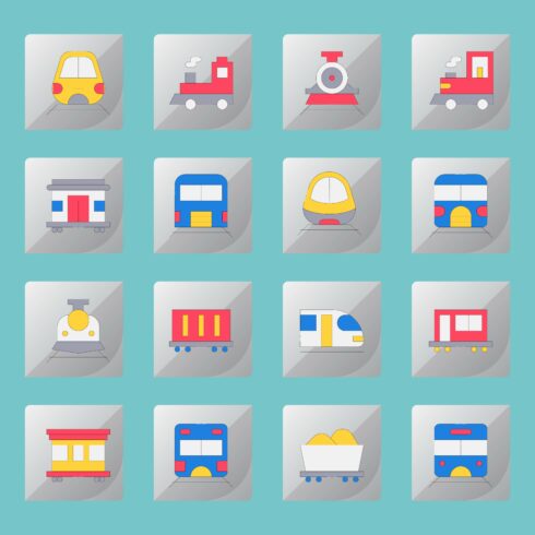 Train & Railway Flat Icons Bundle – 16 Vector Icons cover image.
