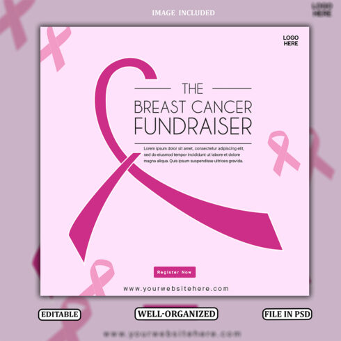 Breast Cancer Awareness Fundraiser Flyer Template Pink Ribbon PSD Social Media Post Design cover image.