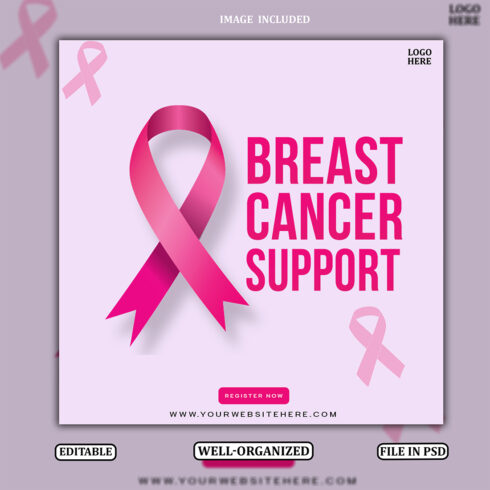 Pink Ribbon Breast Cancer Awareness Poster Template Editable Charity & Support PSD Design cover image.