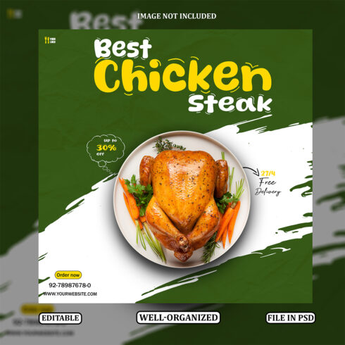 Roasted Chicken Steak Flyer PSD Template Restaurant Food Promotion Poster Editable Fast Food Instagram Post Design cover image.