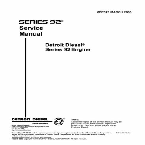 Detroit Diesel 92 Allison Service Repair Workshop Engine Manual cover image.