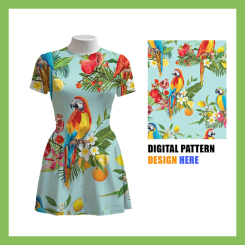Colorful Tropical Parrot Seamless Pattern Design for Apparel Textile Printing Editable Digital Fabric Template cover image.
