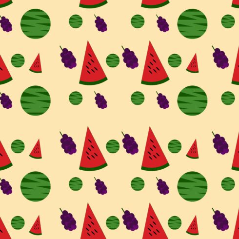 Seamless Watermelon and Grape Fruit Pattern on Cream Background cover image.