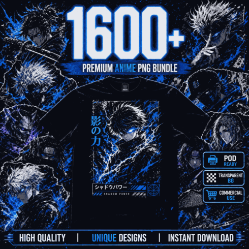 1600+ Mega Anime PNG Bundle: Edgy Streetwear & Cyberpunk Graphics for POD cover image.