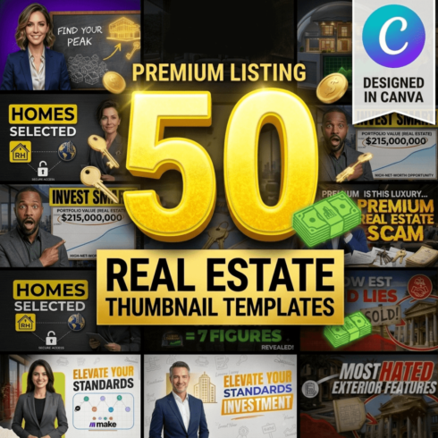 50 Real estate YouTube Thumbnail Template Canva Editable cover image.